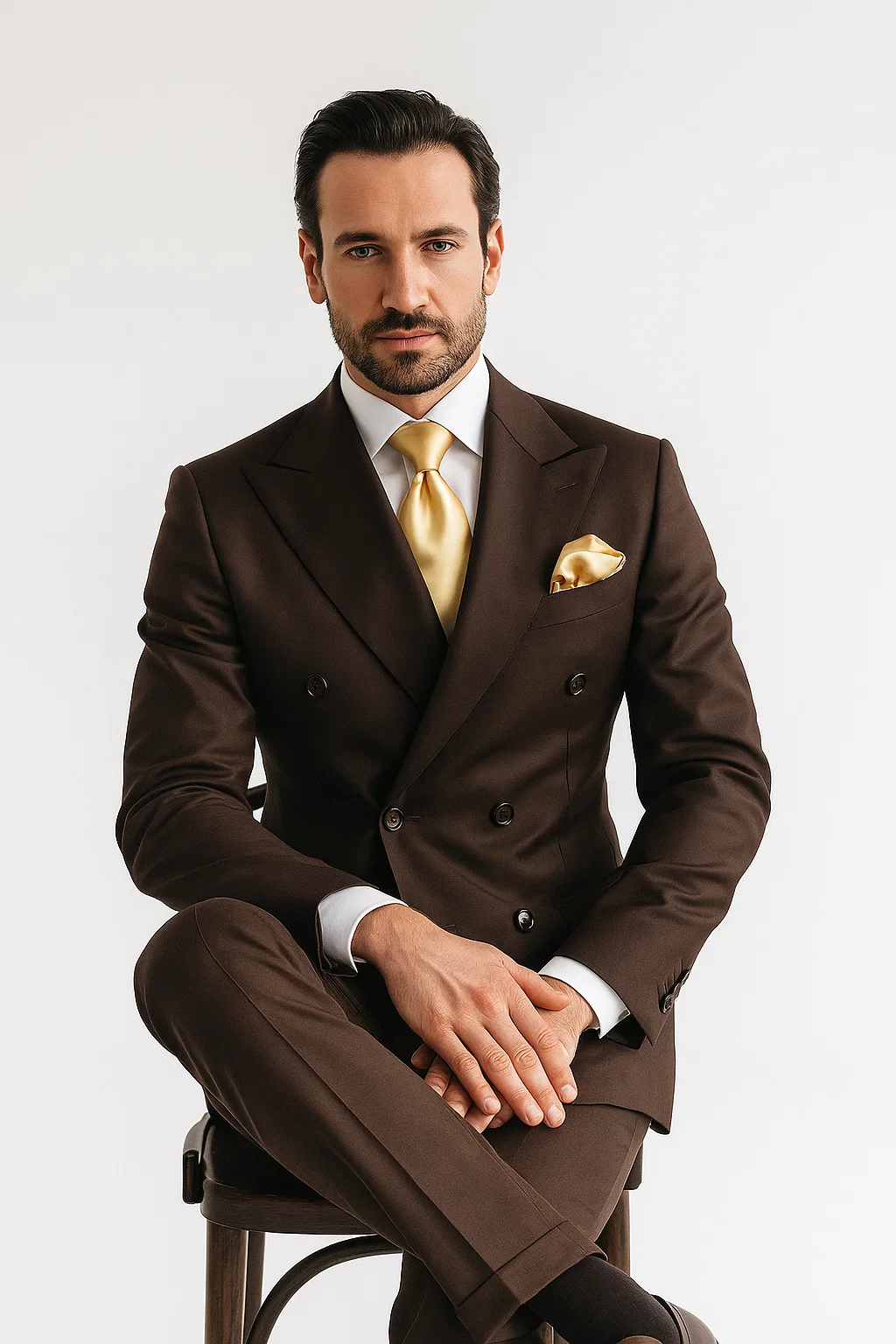 Suits With Baggy Pleated Pants - Wide Leg Pants 100% Wool - Classic Fit in Brown Color by Rossiman - 38 Regular