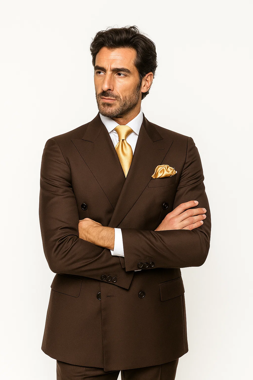 Suits With Baggy Pleated Pants - Wide Leg Pants 100% Wool - Classic Fit in Brown Color by Rossiman - 38 Regular