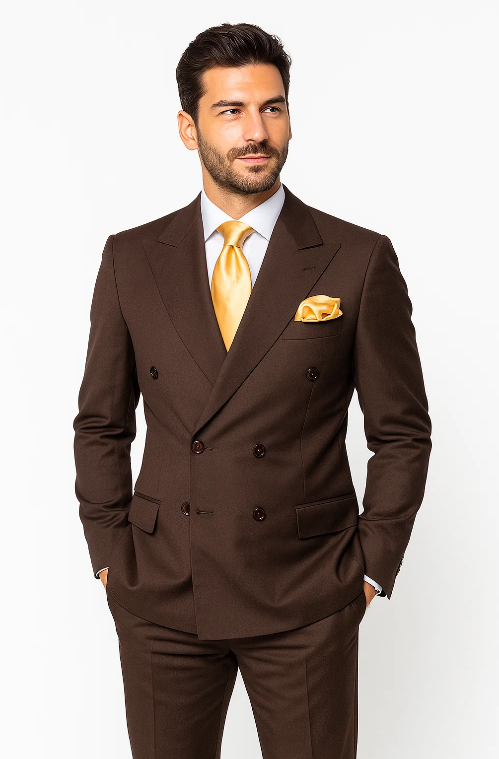 Suits With Baggy Pleated Pants - Wide Leg Pants 100% Wool - Classic Fit in Brown Color by Rossiman - 38 Regular