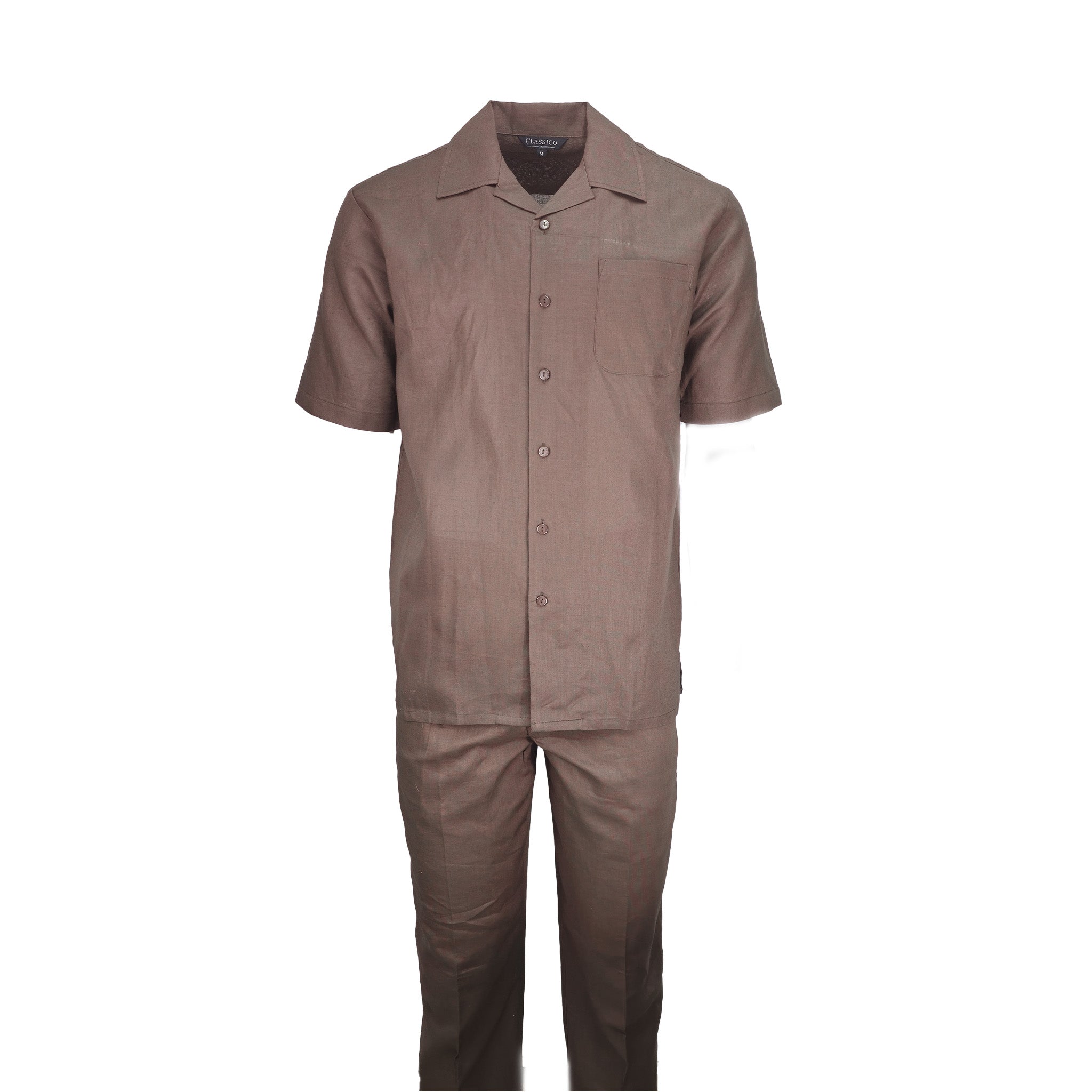 Mens Brown Linen Shirt and Pants Casual Outfit Set - Small