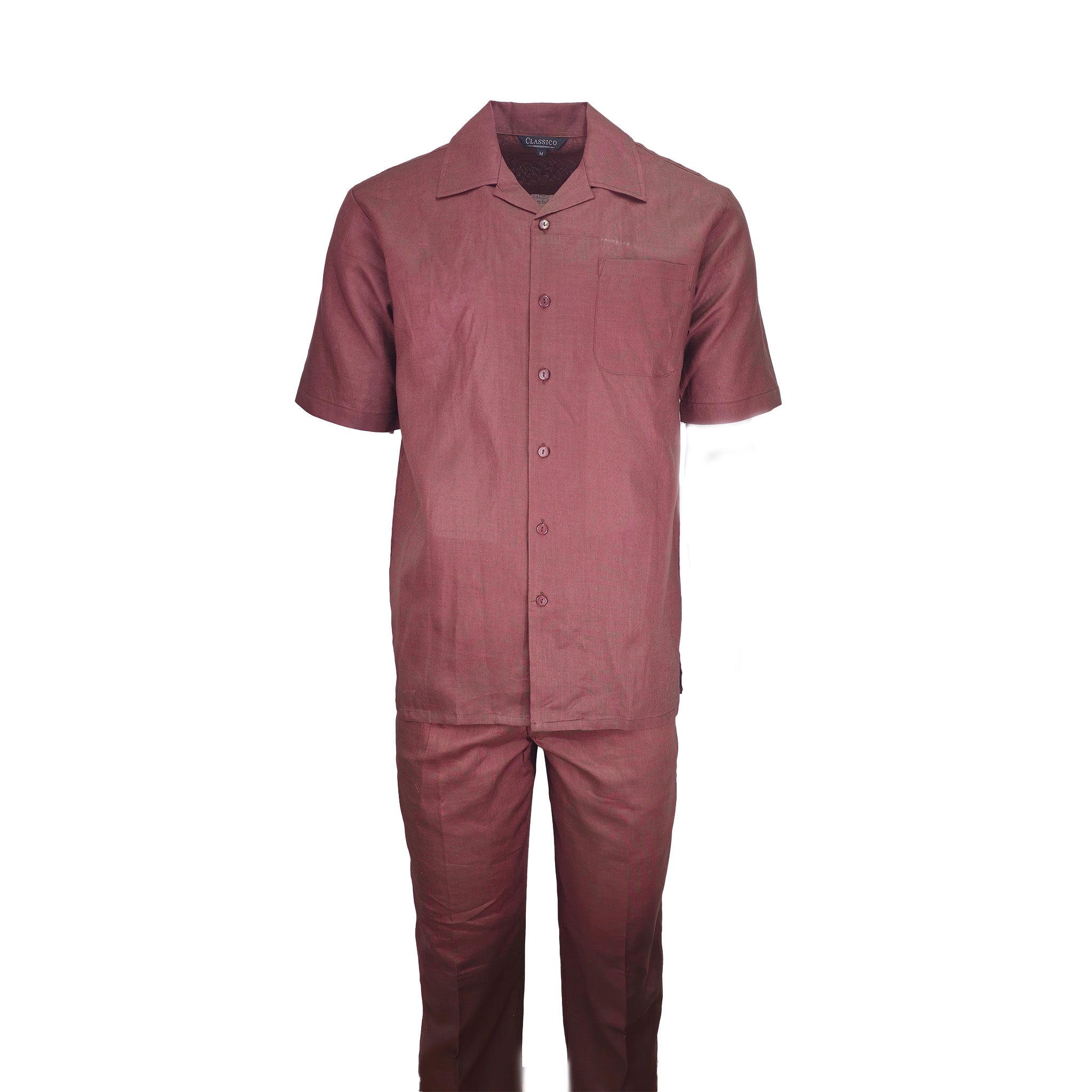 Mens Burgundy Linen Shirt and Pants Casual Outfit Set - Small