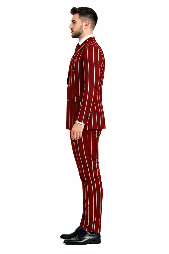 Burgundy Pinstripe Suit - Mens 1920s Gangster Pinstripe Suit - Lapel Chalk Pinstripe Red