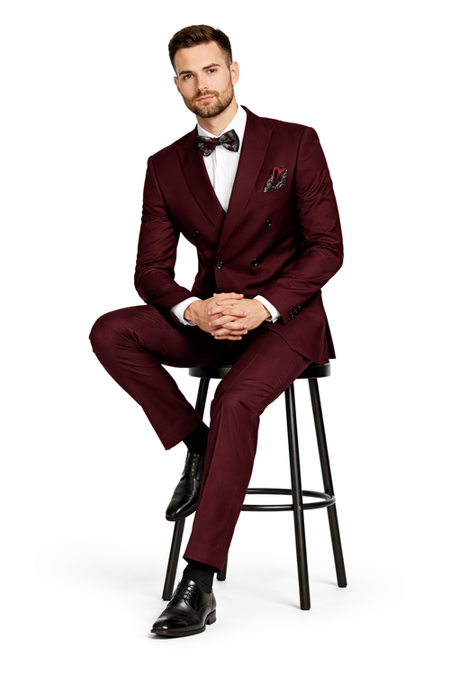 Men's Designer Double Breasted Wool Suit in Burgundy