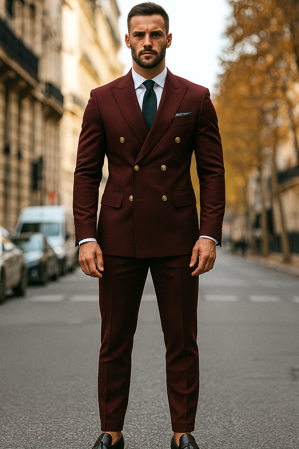 Slim Fit Double Breasted Suit Gold Buttons - Burgundy Suit - Designer Wool Suits - 36 Short