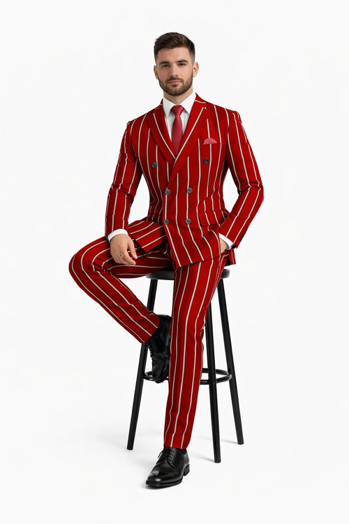 Burgundy Pinstripe Suit - Mens 1920s Gangster Pinstripe Suit - Lapel Chalk Pinstripe Red