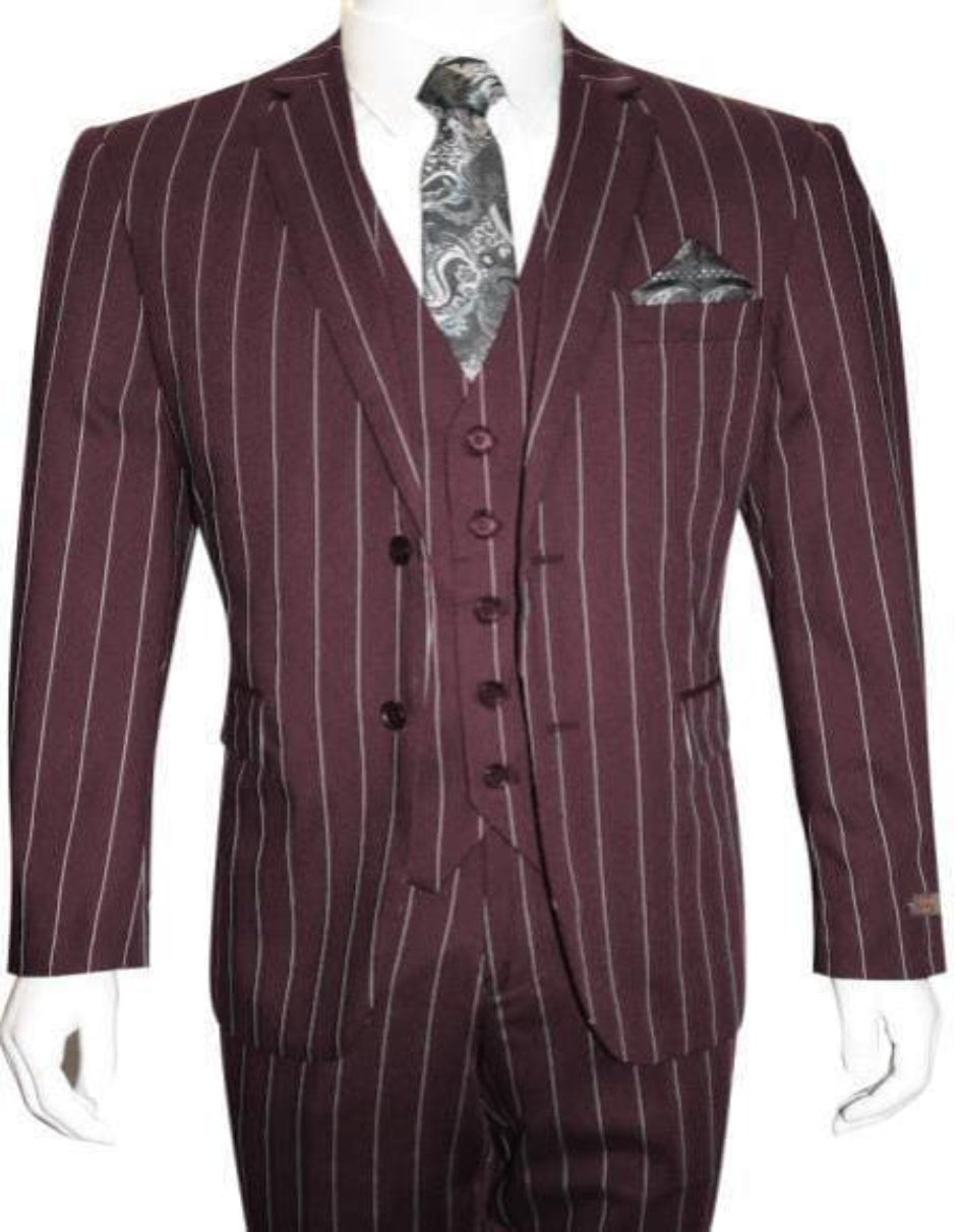 Burgundy Groomsmen Suits - Gangster Bold Stripe Pattern Suit - Burgundy