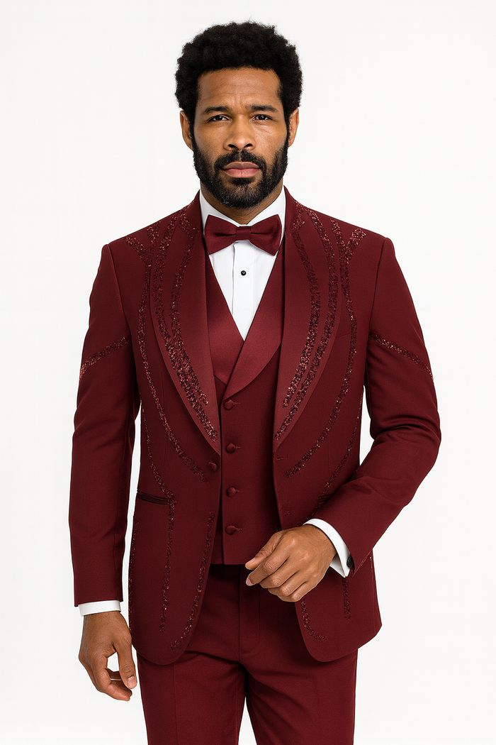 Mens Burgundy Italian Wool 3-Piece Modern Formal Tuxedo