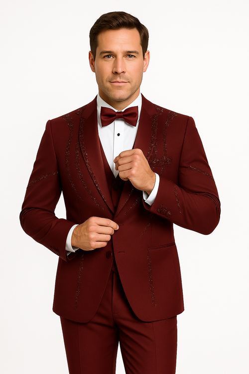 Mens Burgundy Italian Wool 3-Piece Modern Formal Tuxedo