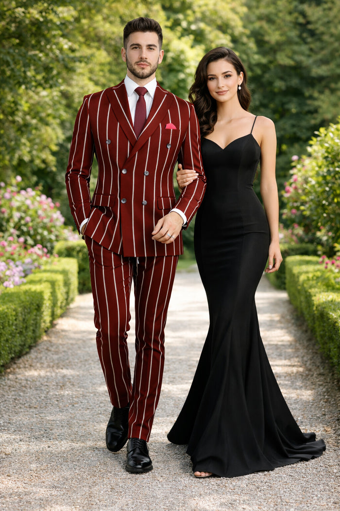 Burgundy Pinstripe Suit - Mens 1920s Gangster Pinstripe Suit - Lapel Chalk Pinstripe Red