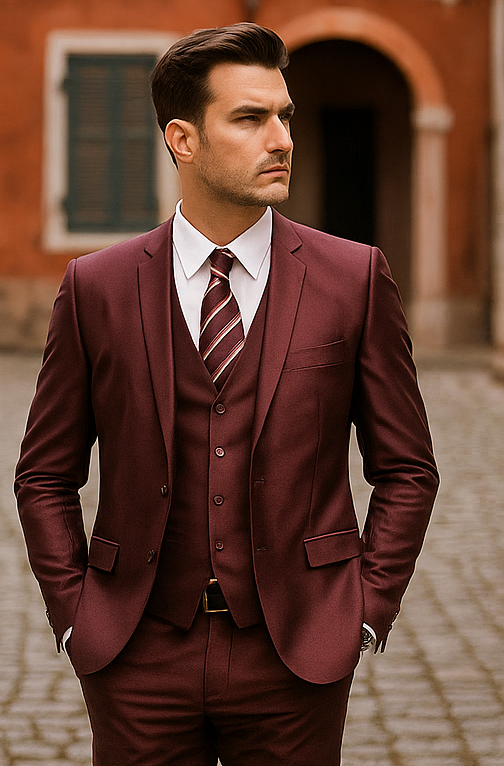 "Burgundy Men's Sharkskin Wedding & Prom 2026 Suit - Two Button Vested Style"