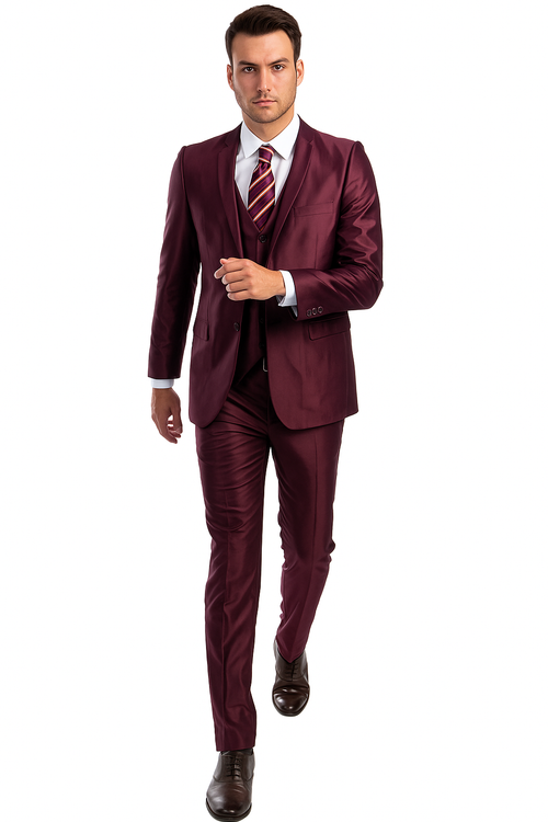 "Burgundy Men's Sharkskin Wedding & Prom 2026 Suit - Two Button Vested Style"