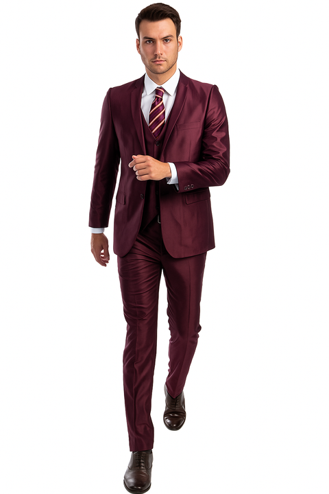 "Burgundy Men's Sharkskin Wedding & Prom 2025 Suit - Two Button Vested Style"
