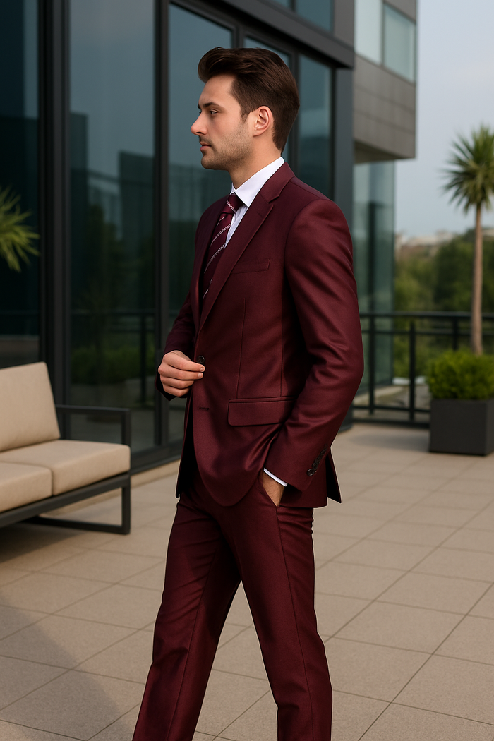"Burgundy Men's Sharkskin Wedding & Prom 2026 Suit - Two Button Vested Style"