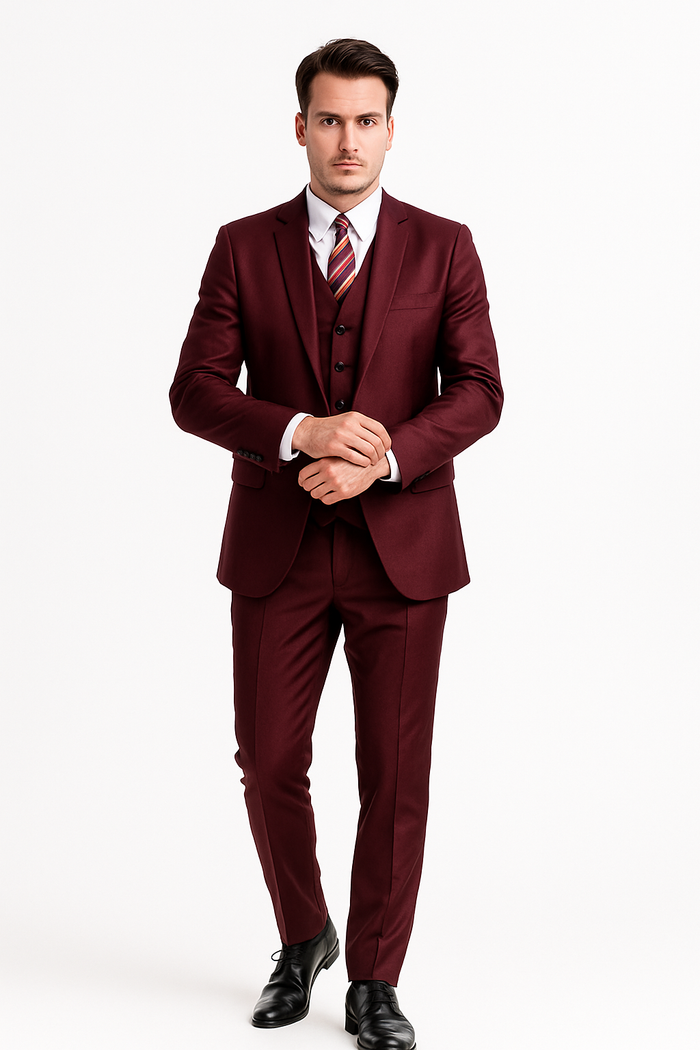 "Burgundy Men's Sharkskin Wedding & Prom 2026 Suit - Two Button Vested Style"