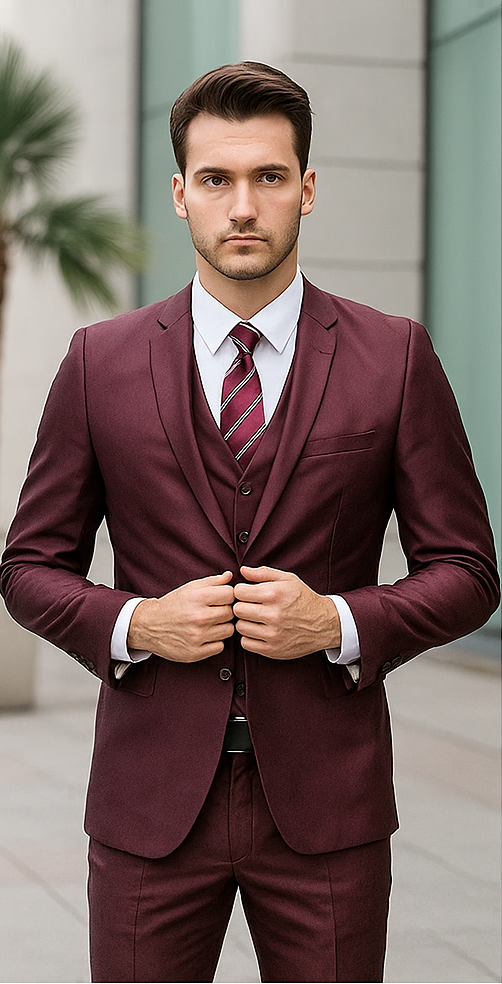 "Burgundy Men's Sharkskin Wedding & Prom 2026 Suit - Two Button Vested Style"