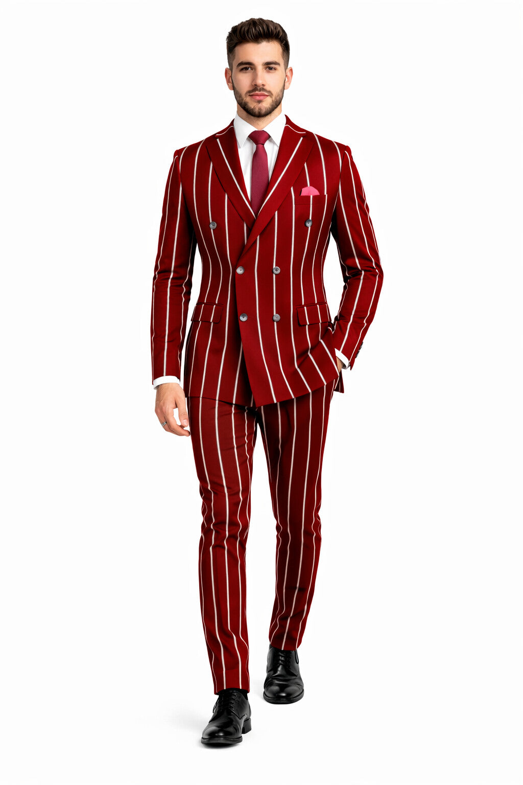 Burgundy Pinstripe Suit - Mens 1920s Gangster Pinstripe Suit - Lapel Chalk Pinstripe Red