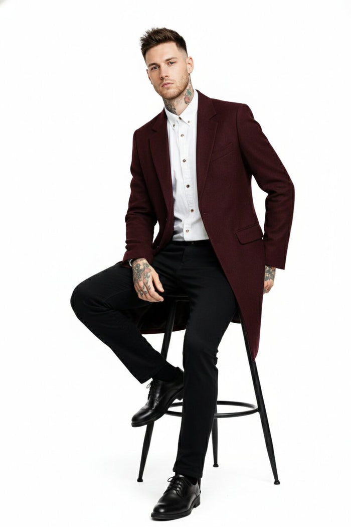 Mens Notch Lapel Wool Burgundy Wine Car Coat