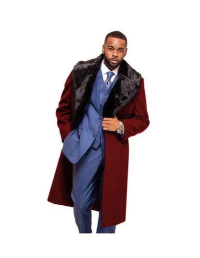 Burgundy Overcoat ~ Long men's Dress Topcoat - Winter coat With Fur Collar And Wool Fabric