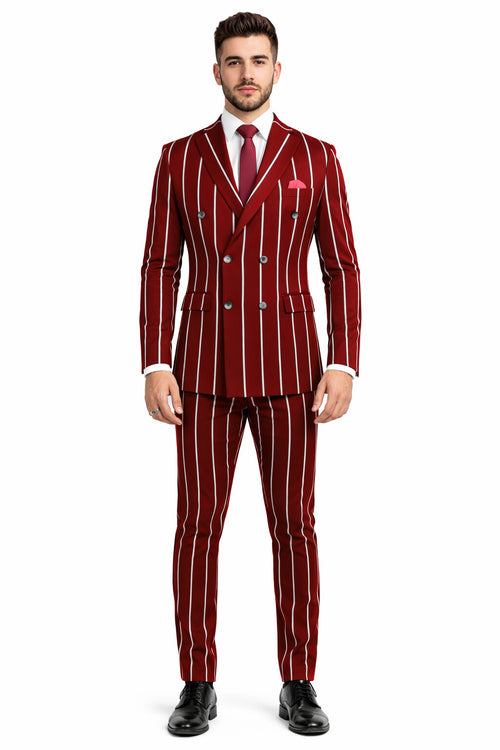 Burgundy Pinstripe Suit - Mens 1920s Gangster Pinstripe Suit - Lapel Chalk Pinstripe Red