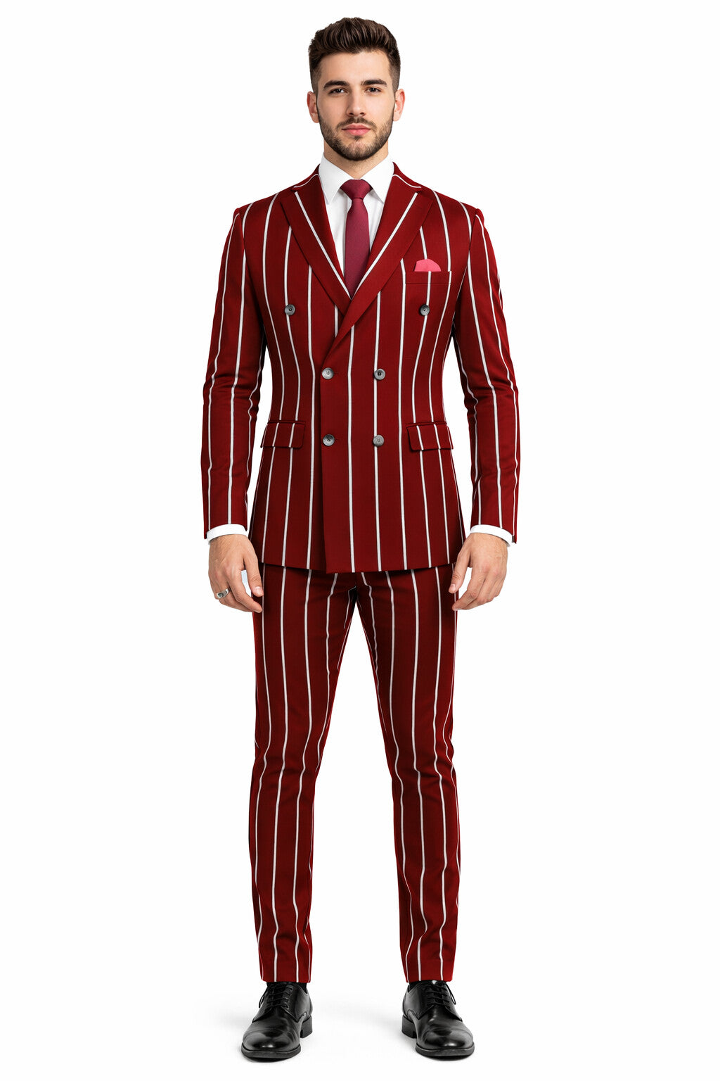 Burgundy Pinstripe Suit - Mens 1920s Gangster Pinstripe Suit - Lapel Chalk Pinstripe Red