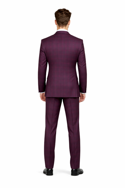 Burgundy Plaid Suit for Men Rossiman Double-Breasted Windowpane Two-Piece-New Designer Collection