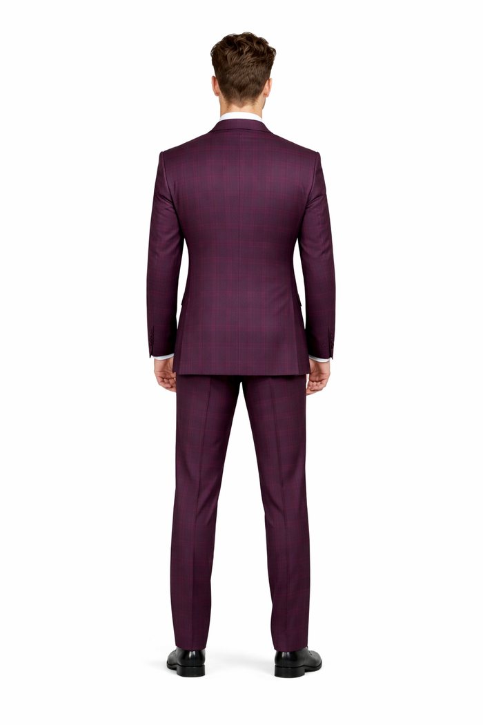 Burgundy Plaid Suit for Men Rossiman Double-Breasted Windowpane Two-Piece-New Designer Collection