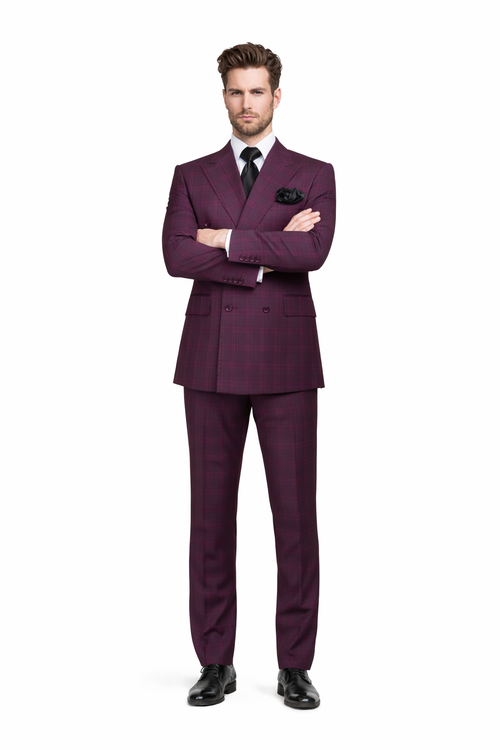 Burgundy Plaid Suit for Men Rossiman Double-Breasted Windowpane Two-Piece-New Designer Collection