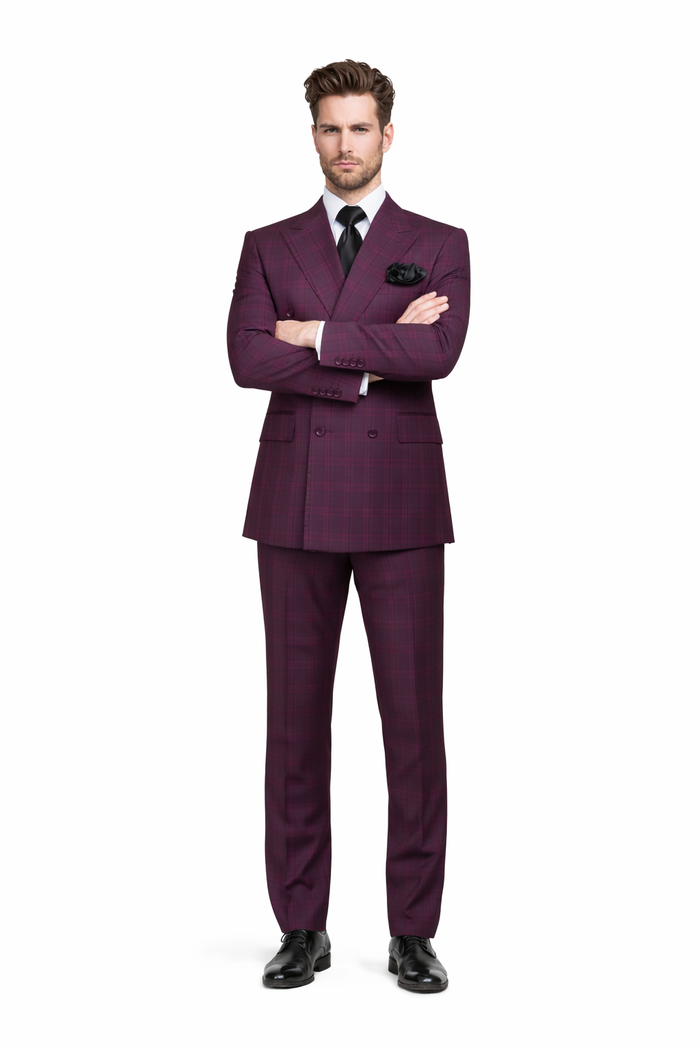 Burgundy Plaid Suit for Men Rossiman Double-Breasted Windowpane Two-Piece-New Designer Collection