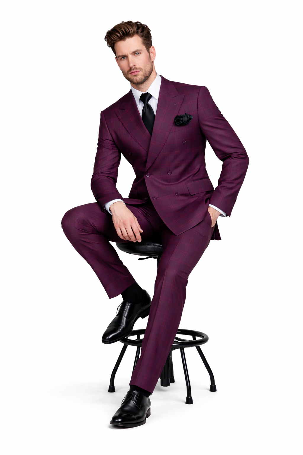 Burgundy Plaid Suit for Men – Rossiman Double-Breasted Windowpane Two-Piece-New Designer Collection - 34 Short or Extra Small