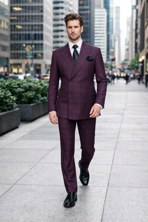 Burgundy Plaid Suit for Men Rossiman Double-Breasted Windowpane Two-Piece-New Designer Collection