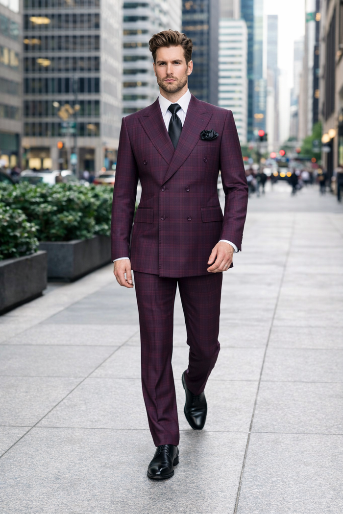 Burgundy Plaid Suit for Men Rossiman Double-Breasted Windowpane Two-Piece-New Designer Collection