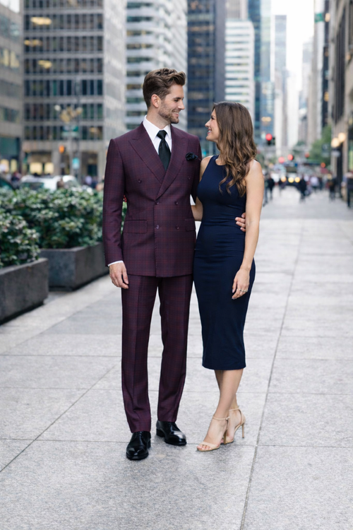 Burgundy Plaid Suit for Men Rossiman Double-Breasted Windowpane Two-Piece-New Designer Collection