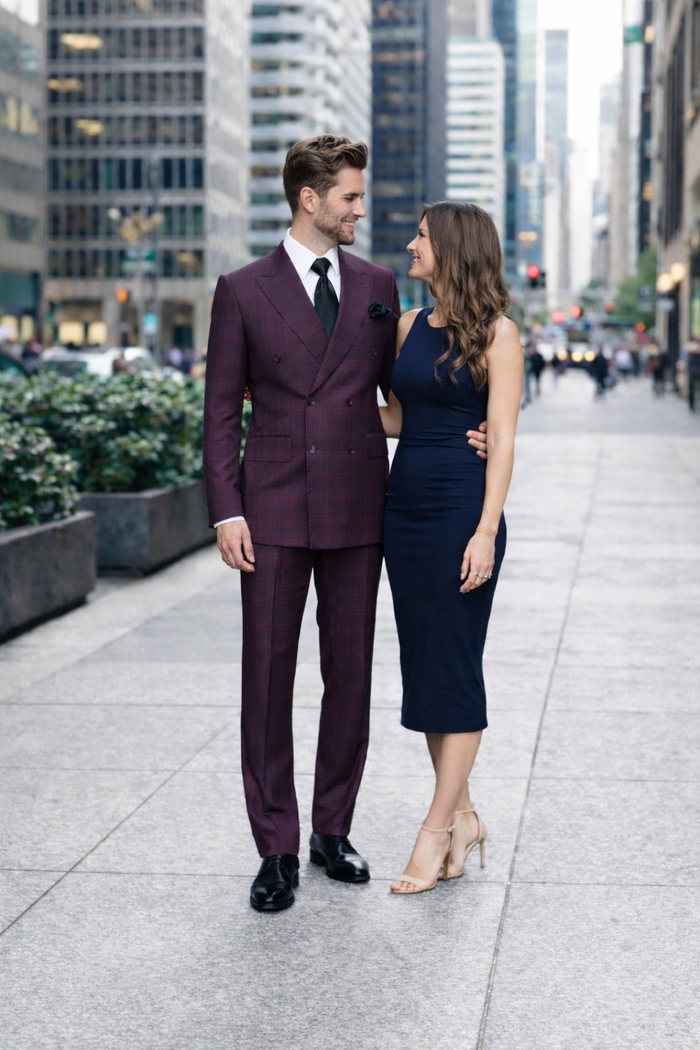 Burgundy Plaid Suit for Men Rossiman Double-Breasted Windowpane Two-Piece-New Designer Collection