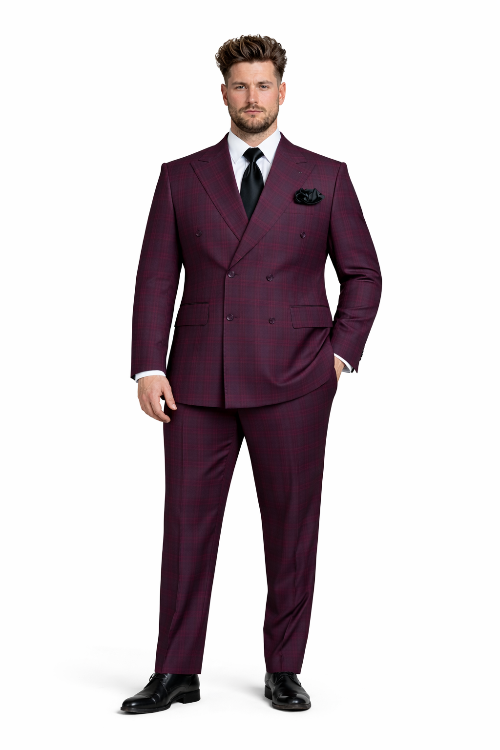 Burgundy Plaid Suit for Men – Rossiman Double-Breasted Windowpane Two-Piece-New Designer Collection - 34 Short or Extra Small