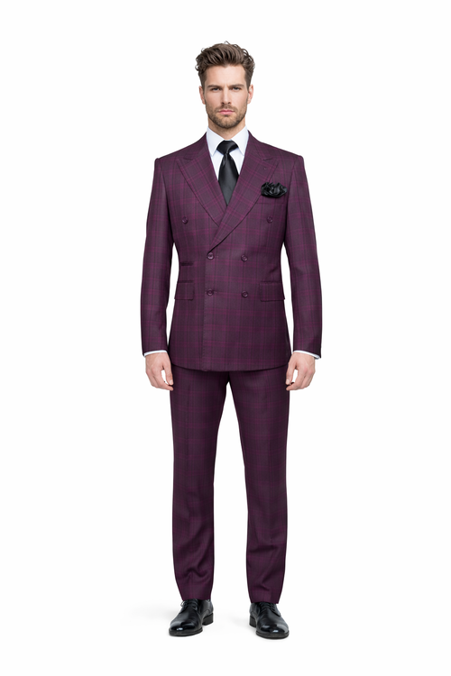 Burgundy Plaid Suit for Men Rossiman Double-Breasted Windowpane Two-Piece-New Designer Collection