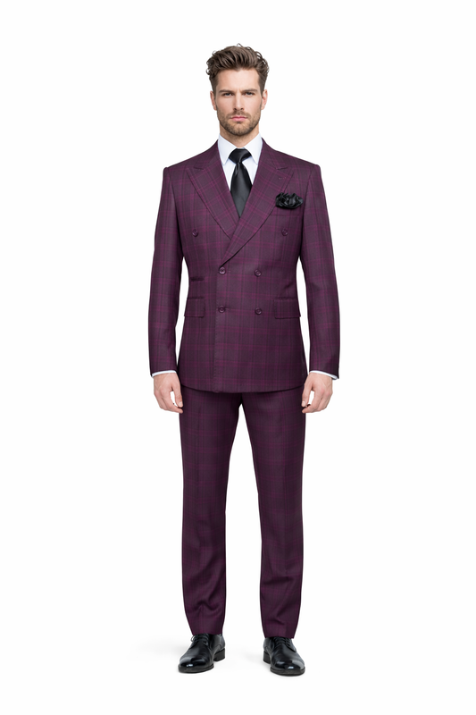 Burgundy Plaid Suit for Men – Rossiman Double-Breasted Windowpane Two-Piece-New Designer Collection