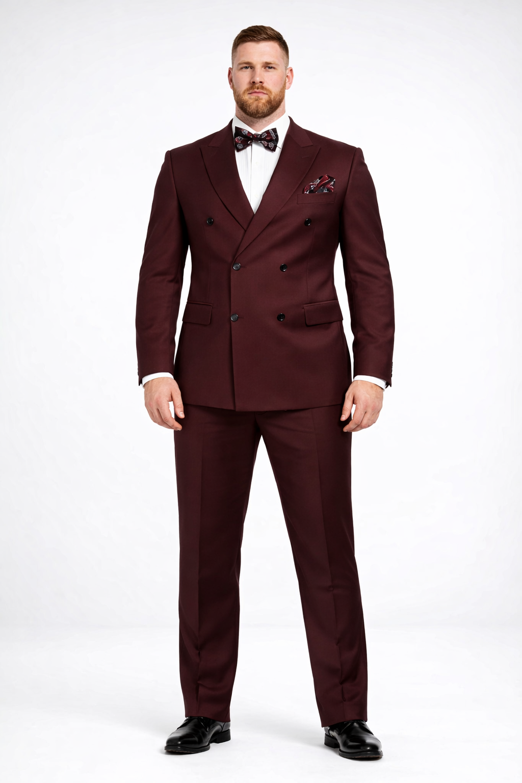 Men's Designer Double Breasted Wool Suit in Burgundy