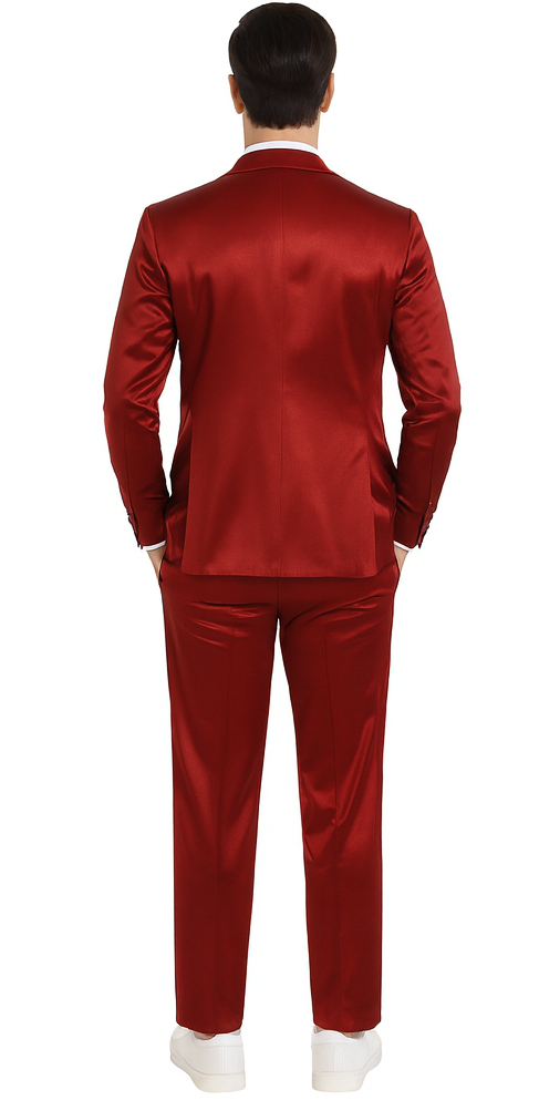 Stylish Burgundy Satin 3 Piece Slim Fit Tazzio Men's Suit