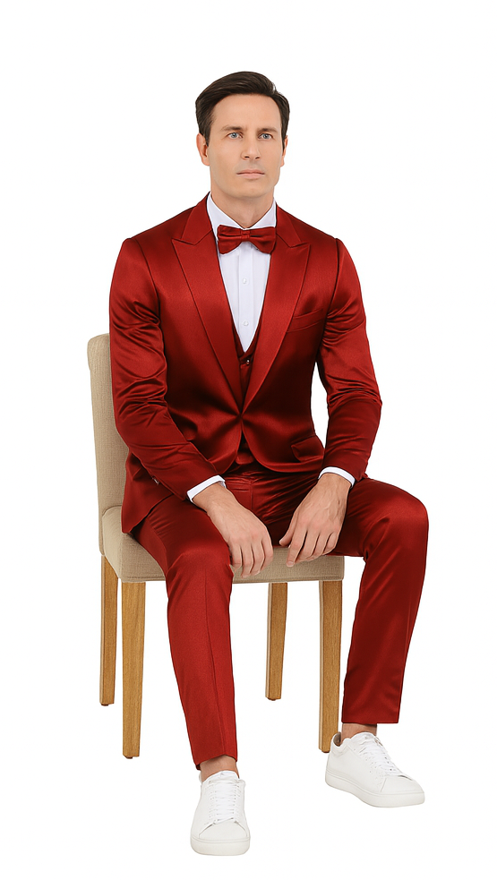 Stylish Burgundy Satin 3 Piece Slim Fit Tazzio Men's Suit - 34 Short or Extra Small