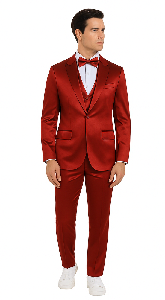 Stylish Burgundy Satin 3 Piece Slim Fit Tazzio Men's Suit - 34 Short or Extra Small