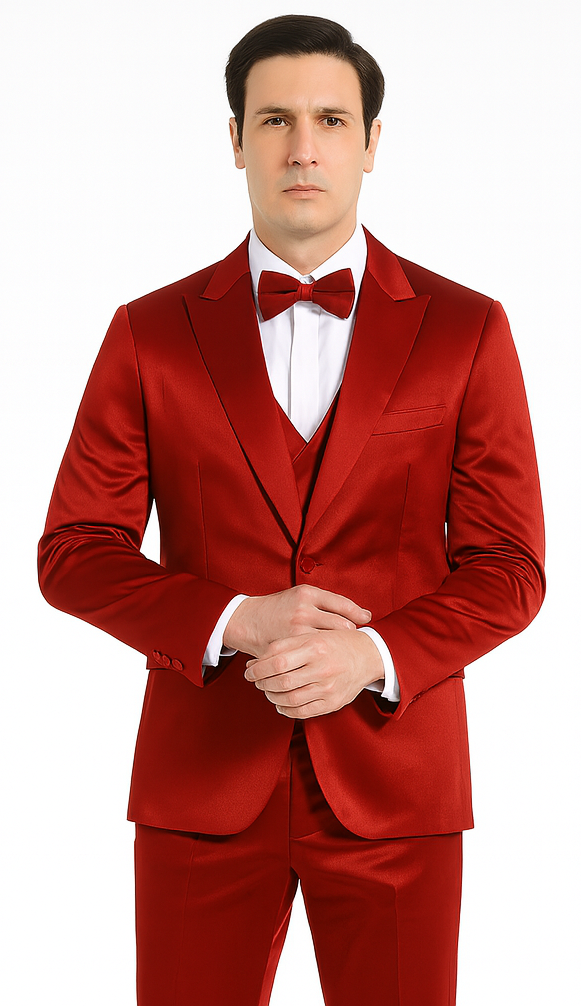 Stylish Burgundy Satin 3 Piece Slim Fit Tazzio Men's Suit - 34 Short or Extra Small