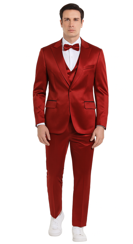 Stylish Burgundy Satin 3 Piece Slim Fit Tazzio Men's Suit - 34 Short or Extra Small