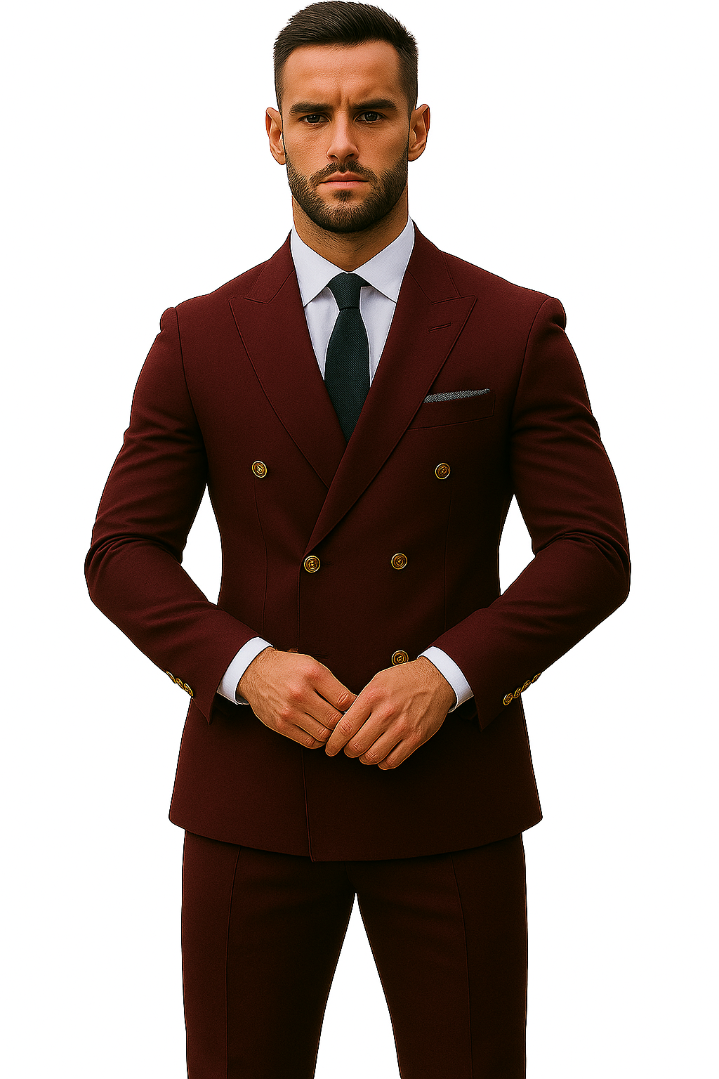 Slim Fit Double Breasted Suit Gold Buttons - Burgundy Suit - Designer Wool Suits - 36 Short