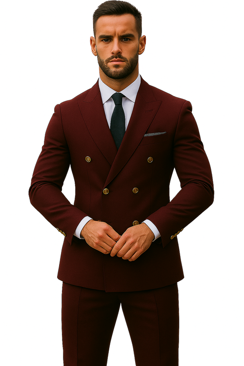 Slim Fit Double Breasted Suit Gold Buttons - Burgundy Suit - Designer Wool Suits