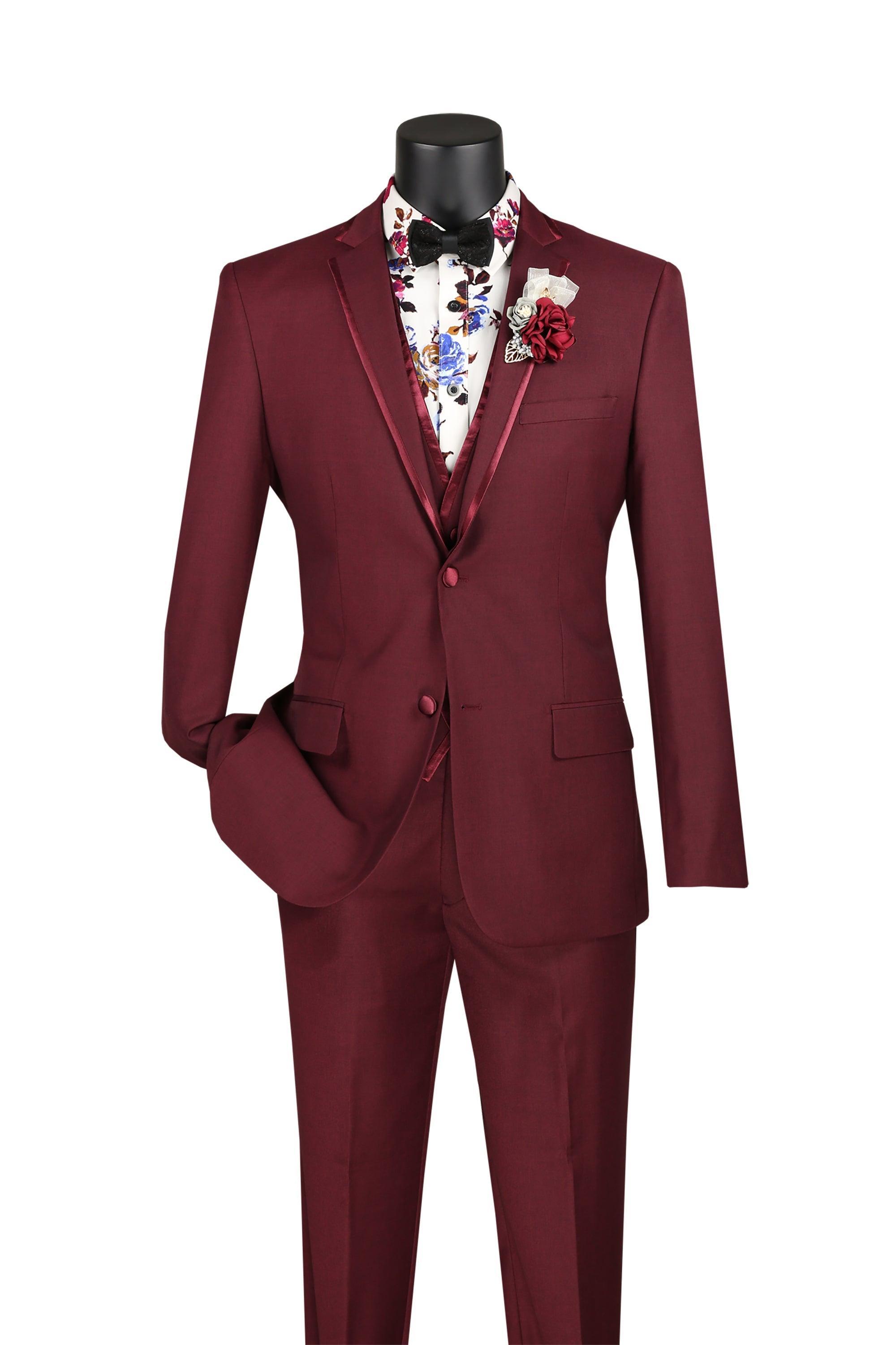 Burgundy Trimmed Lapel Slim Fit 3 Piece Suit - 34 Short  - 28 Waist