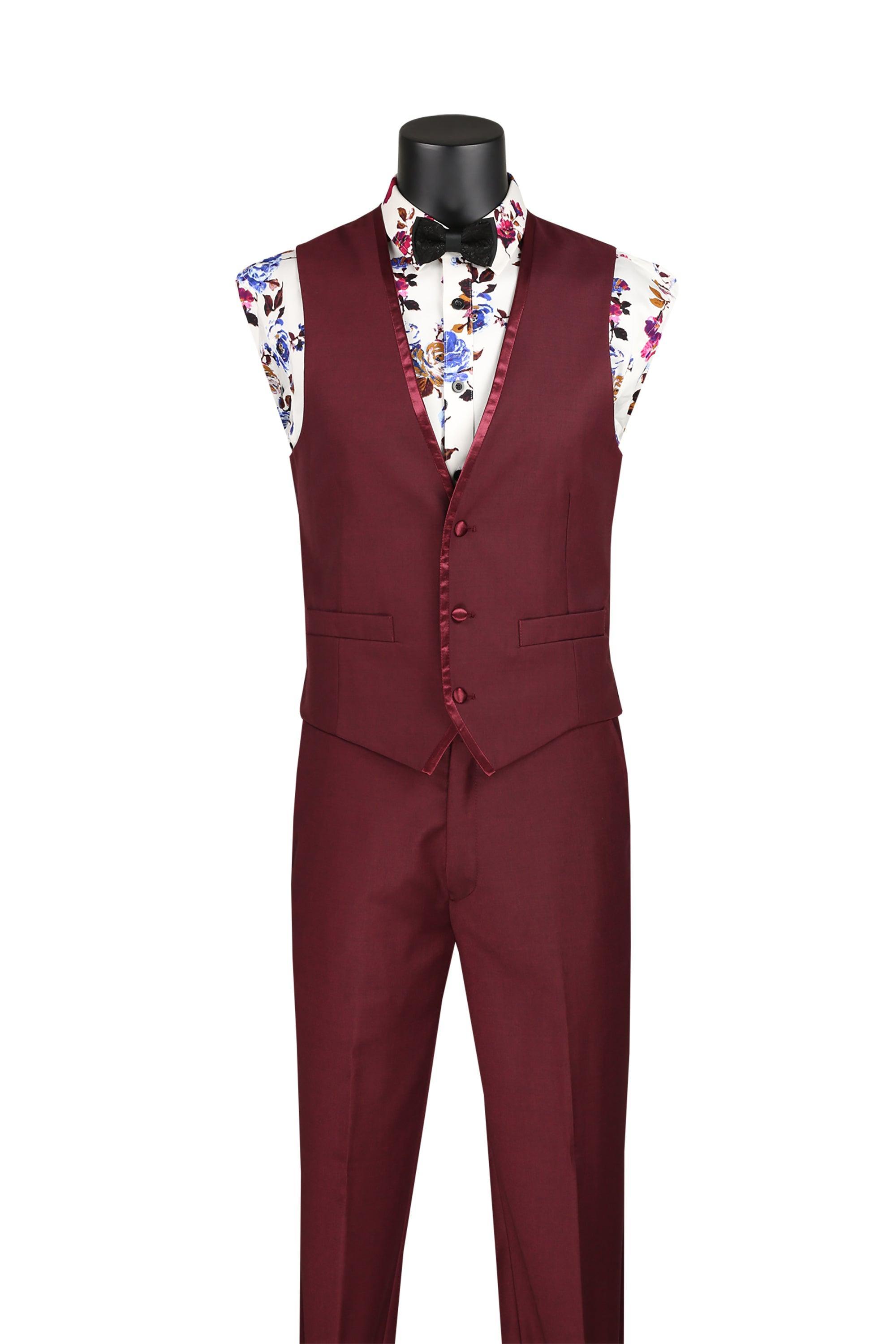 Burgundy Trimmed Lapel Slim Fit 3 Piece Suit - 36 Short  - 30 Waist