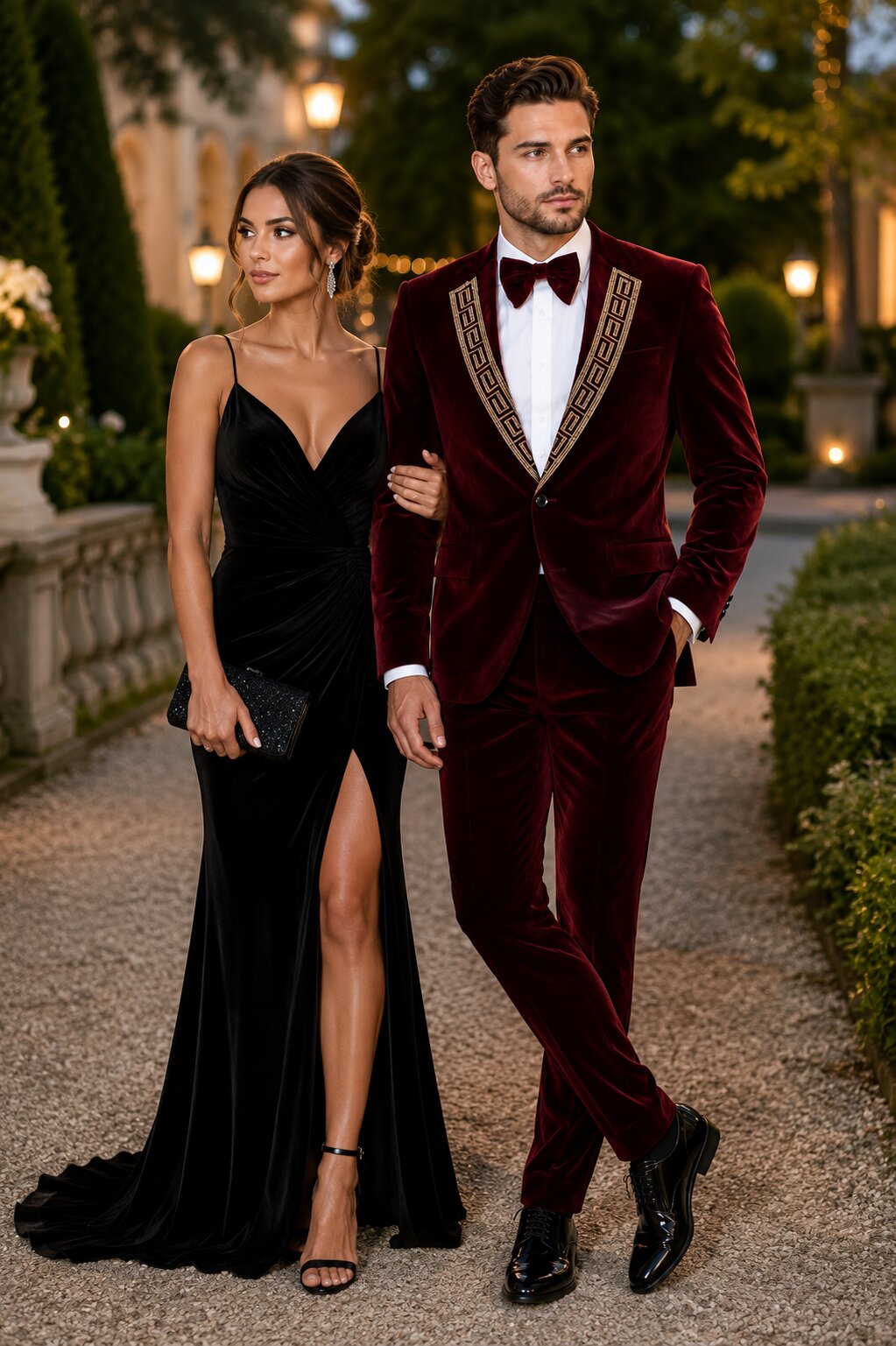 EJ Samuel Men's Burgundy Modern Fit Velvet Tuxedo with Gold Sequin Lapel - Burgundy