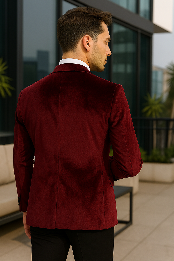 "Burgundy Velvet Men's Wedding & Prom 2026 Tuxedo Jacket - Two Button Peak Lapel"
