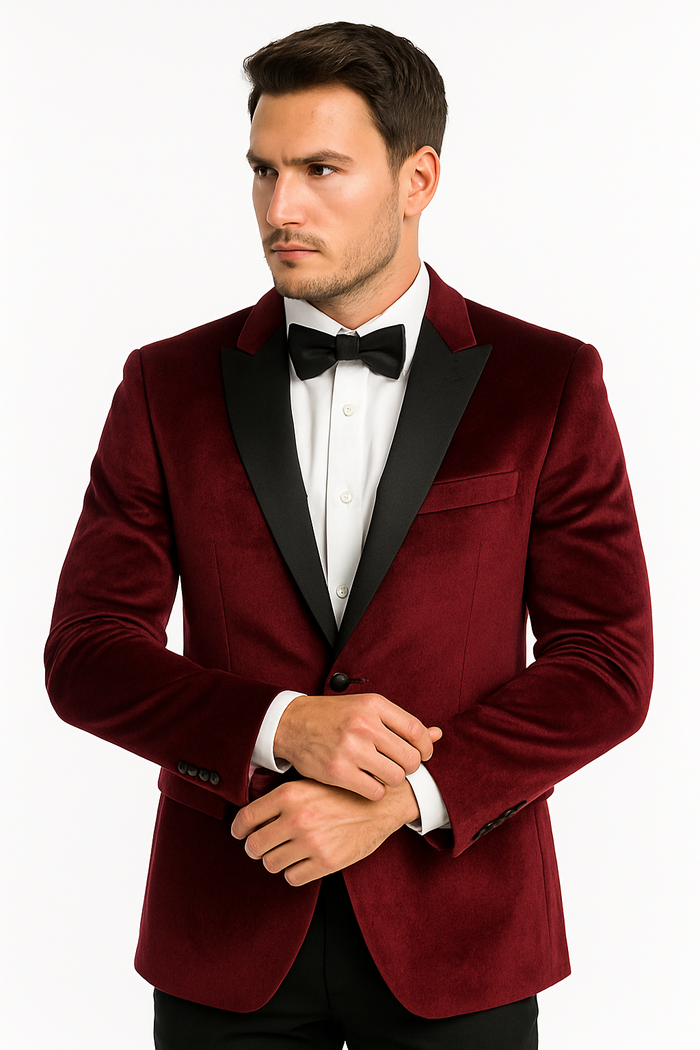 "Burgundy Velvet Men's Wedding & Prom 2026 Tuxedo Jacket - Two Button Peak Lapel"
