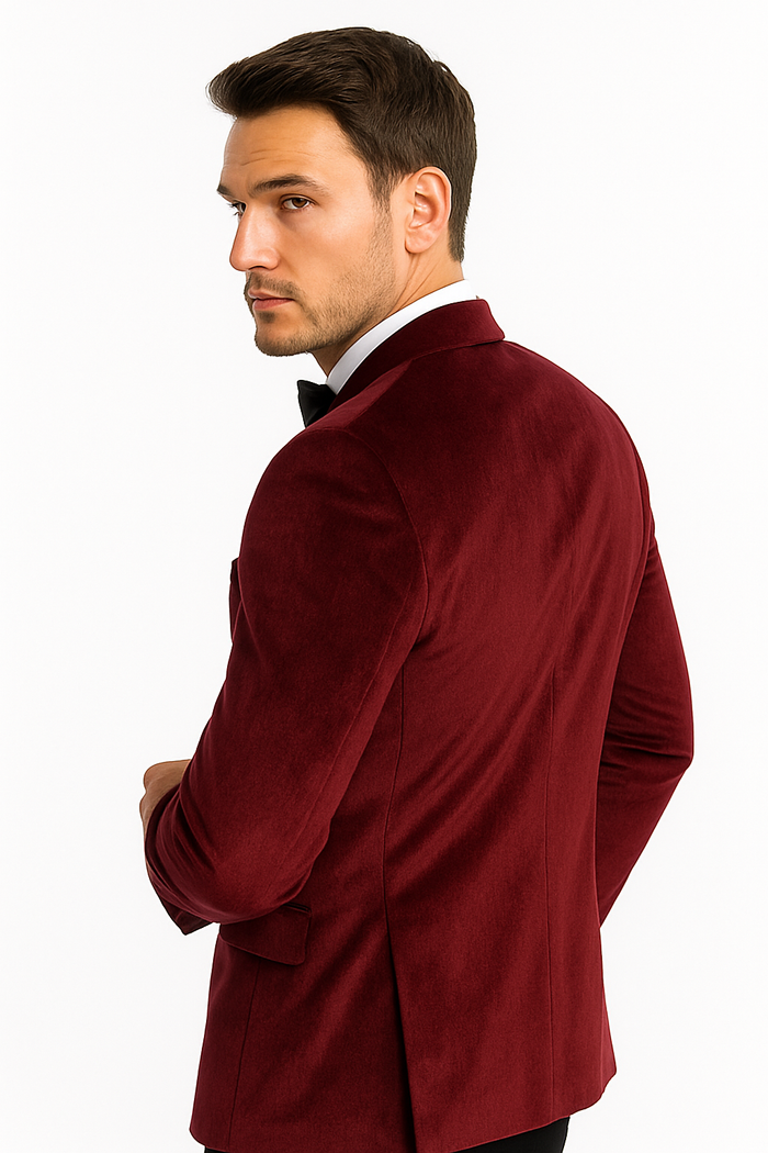 "Burgundy Velvet Men's Wedding & Prom 2026 Tuxedo Jacket - Two Button Peak Lapel"